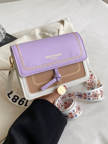 Color Block Small Square Crossbody Bag with Wide Strap