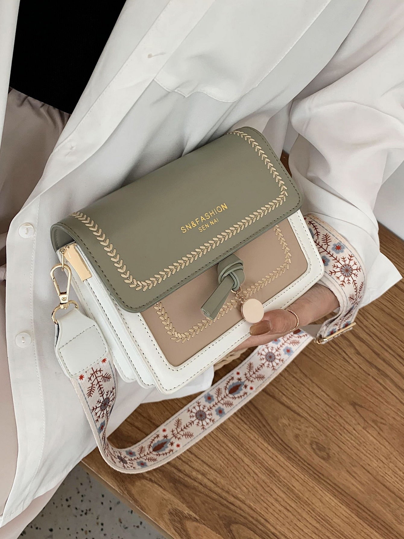 Color Block Small Square Crossbody Bag with Wide Strap