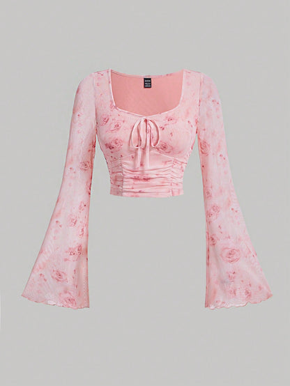 Tie Dye Knot Front Flounce Sleeve Crop Top