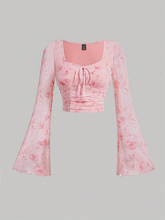 Tie Dye Knot Front Flounce Sleeve Crop Top