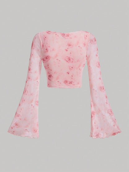 Tie Dye Knot Front Flounce Sleeve Crop Top
