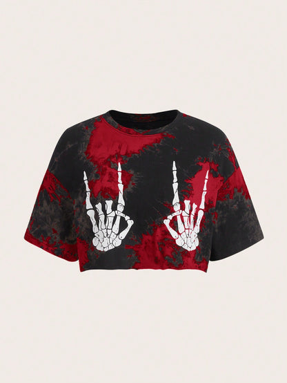 Tie Dye Skeleton Hand Print Crop Tee
