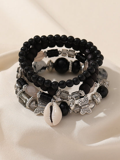 Boho 4pcs Bracelet Set for Women – Glass, Wood, Beads, Butterfly & Shell Pendant