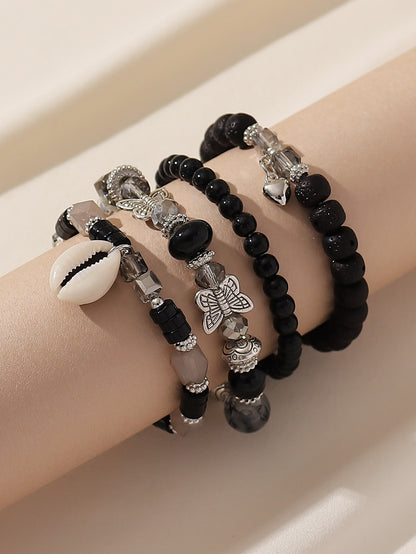 Boho 4pcs Bracelet Set for Women – Glass, Wood, Beads, Butterfly & Shell Pendant