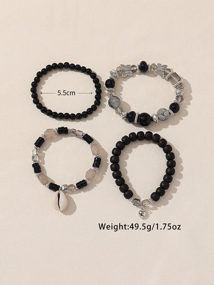 Boho 4pcs Bracelet Set for Women – Glass, Wood, Beads, Butterfly & Shell Pendant
