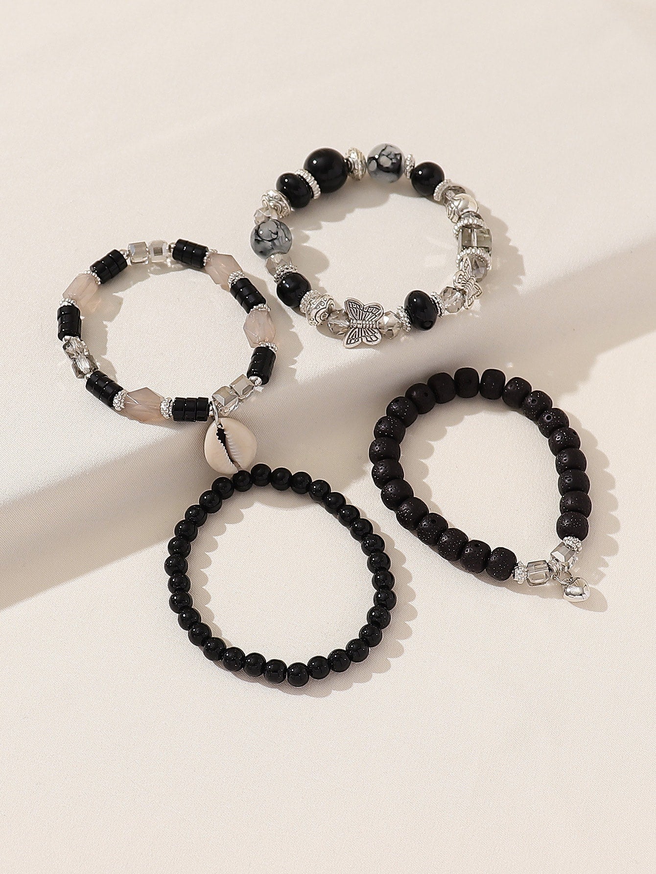 Boho 4pcs Bracelet Set for Women – Glass, Wood, Beads, Butterfly & Shell Pendant