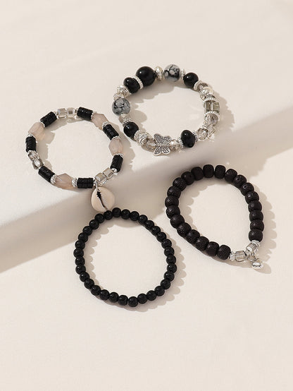 Boho 4pcs Bracelet Set for Women – Glass, Wood, Beads, Butterfly & Shell Pendant