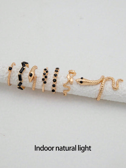 7pcs Snake & Rhinestone Ring Set for Women