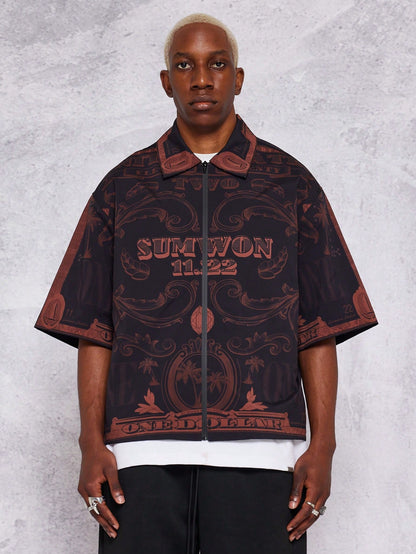 Boxy Fit Zip Nylon All-Over Print Shirt