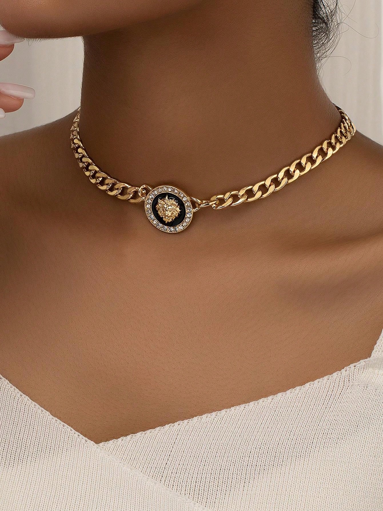 Shiny Lion Head Pendant Necklace for Women