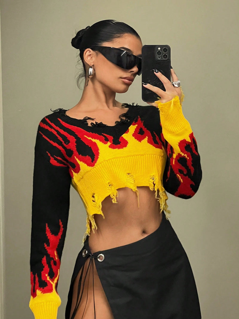 Women’s Fire Pattern Distressed Crop Long Sleeve Sweater
