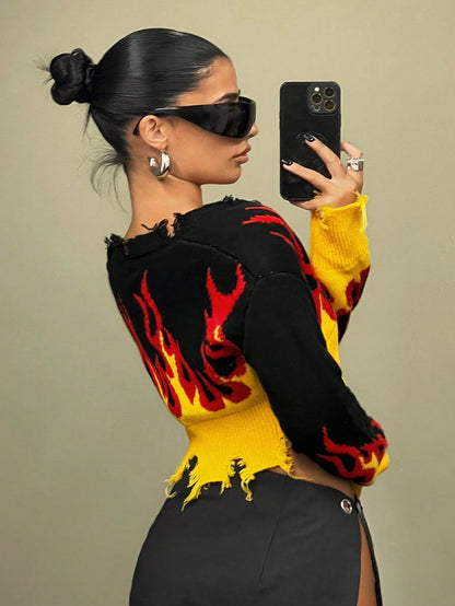 Women’s Fire Pattern Distressed Crop Long Sleeve Sweater