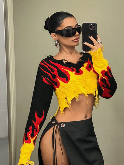 Women’s Fire Pattern Distressed Crop Long Sleeve Sweater