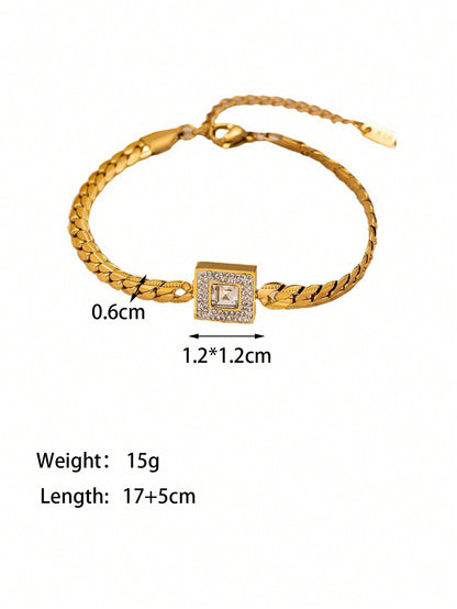Gold Stainless Steel Geometric CZ Bracelet for Women