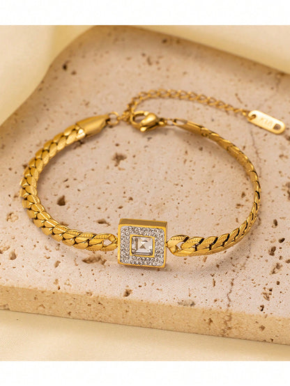 Gold Stainless Steel Geometric CZ Bracelet for Women