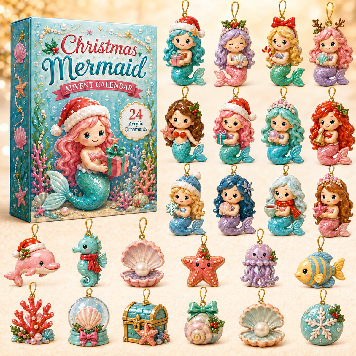 Christmas Mermaid Advent Calendar 2026 - 24-Day Festive Countdown, Acrylic Charms Blind Box - Gift For Mermaid Lovers