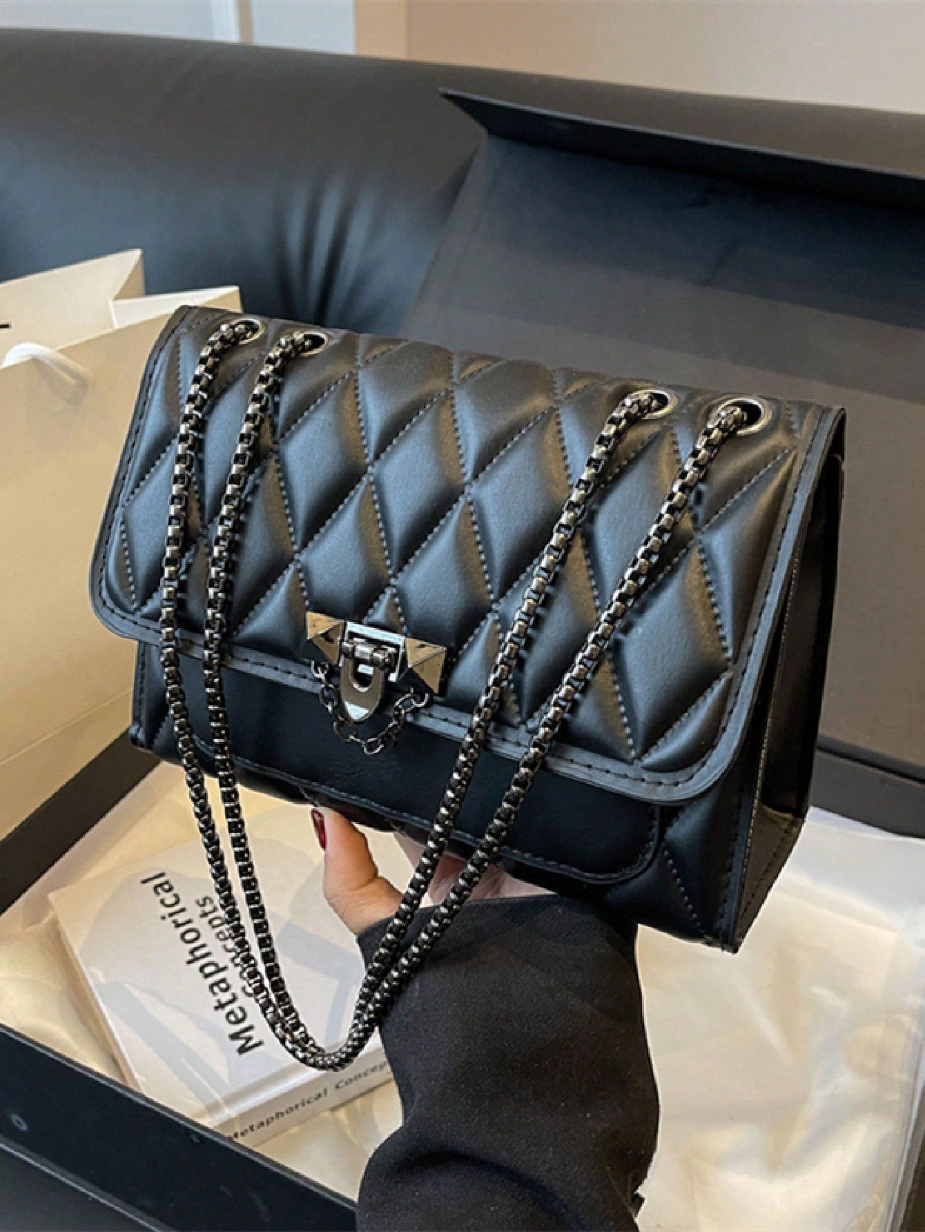 Diamond Quilted Chain Shoulder Bag with Lock Closure