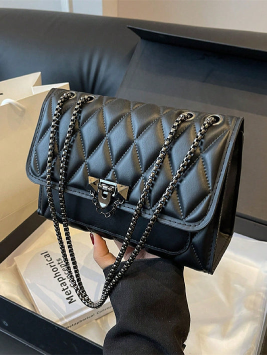 Diamond Quilted Chain Shoulder Bag with Lock Closure