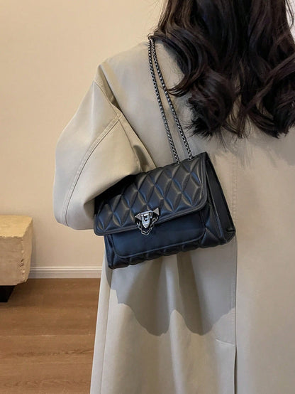 Diamond Quilted Chain Shoulder Bag with Lock Closure