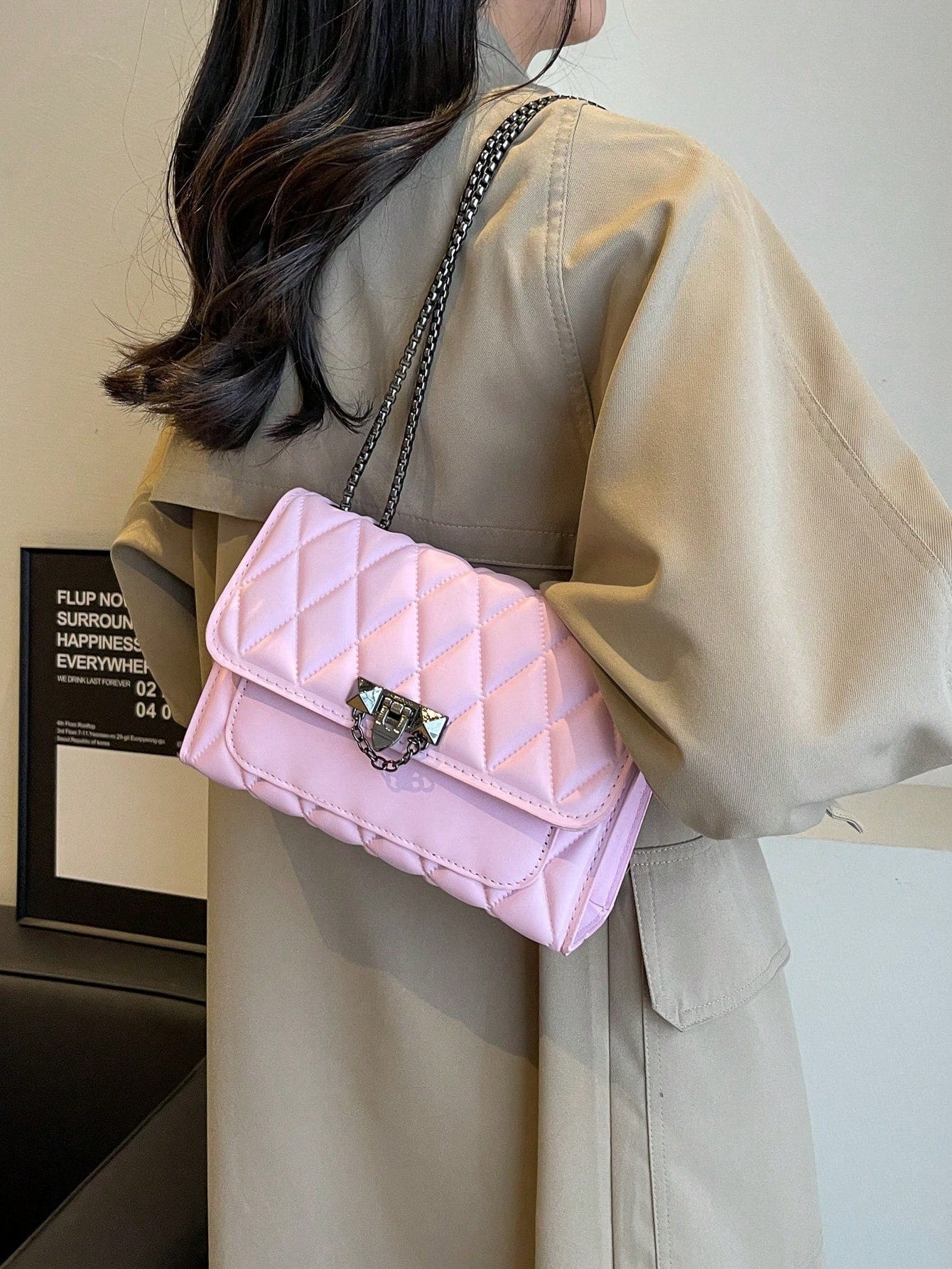Diamond Quilted Chain Shoulder Bag with Lock Closure
