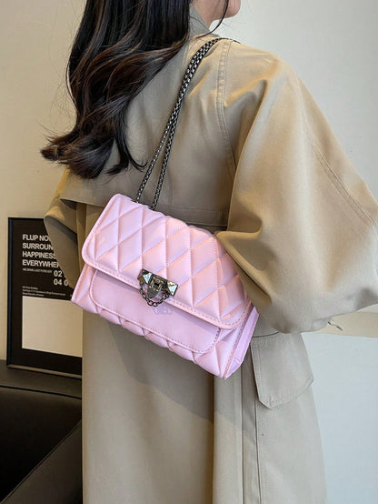 Diamond Quilted Chain Shoulder Bag with Lock Closure