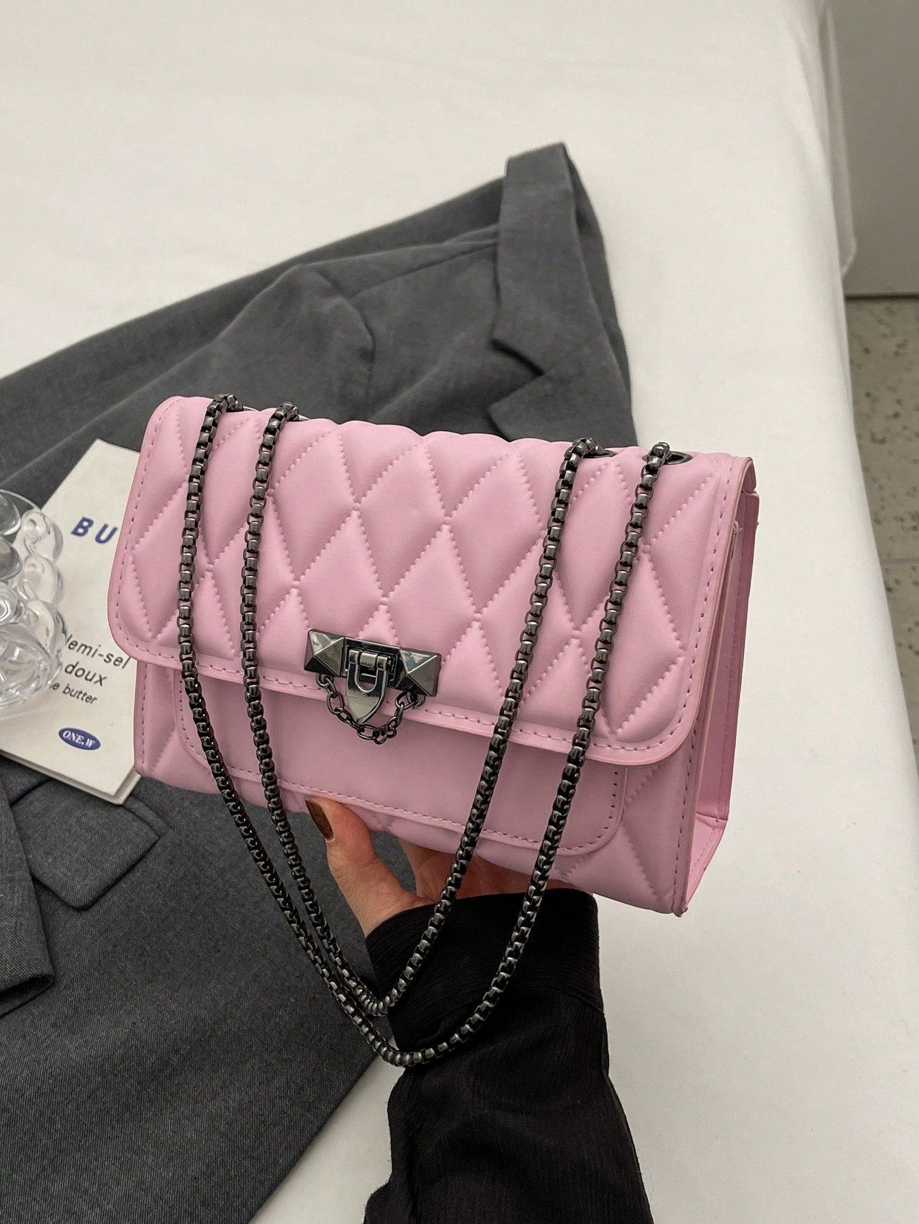 Diamond Quilted Chain Shoulder Bag with Lock Closure