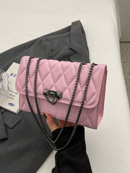 Diamond Quilted Chain Shoulder Bag with Lock Closure