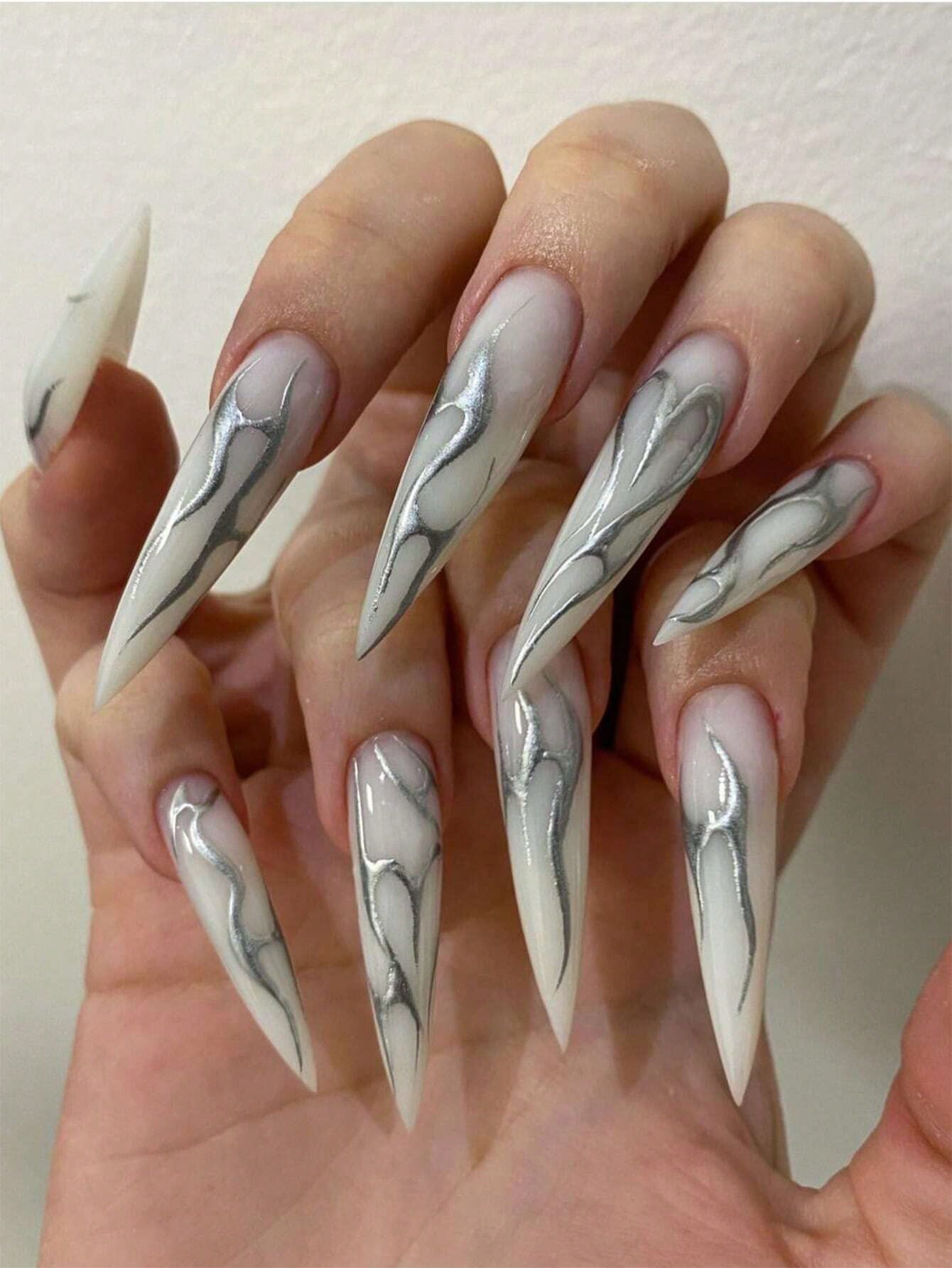 Silver Stripe Long Pointy Stiletto Press-On Nails
