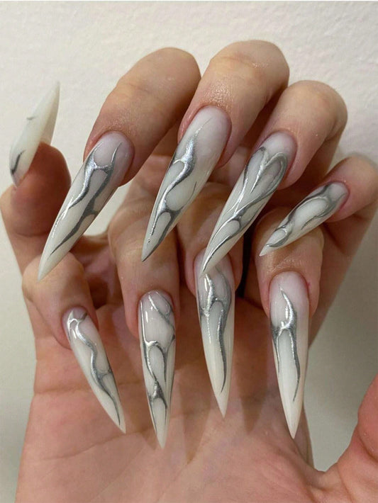 Silver Stripe Long Pointy Stiletto Press-On Nails