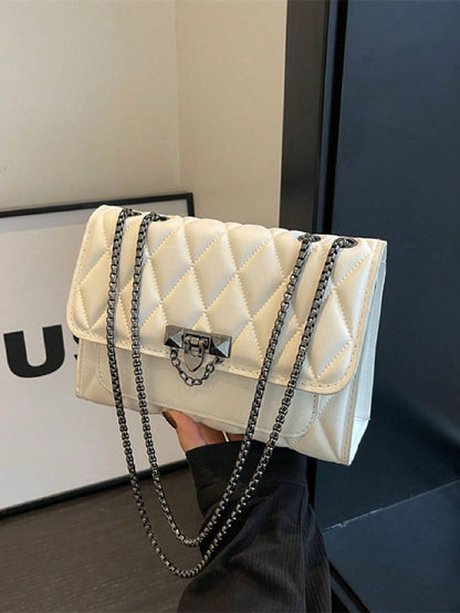 Diamond Quilted Chain Shoulder Bag with Lock Closure