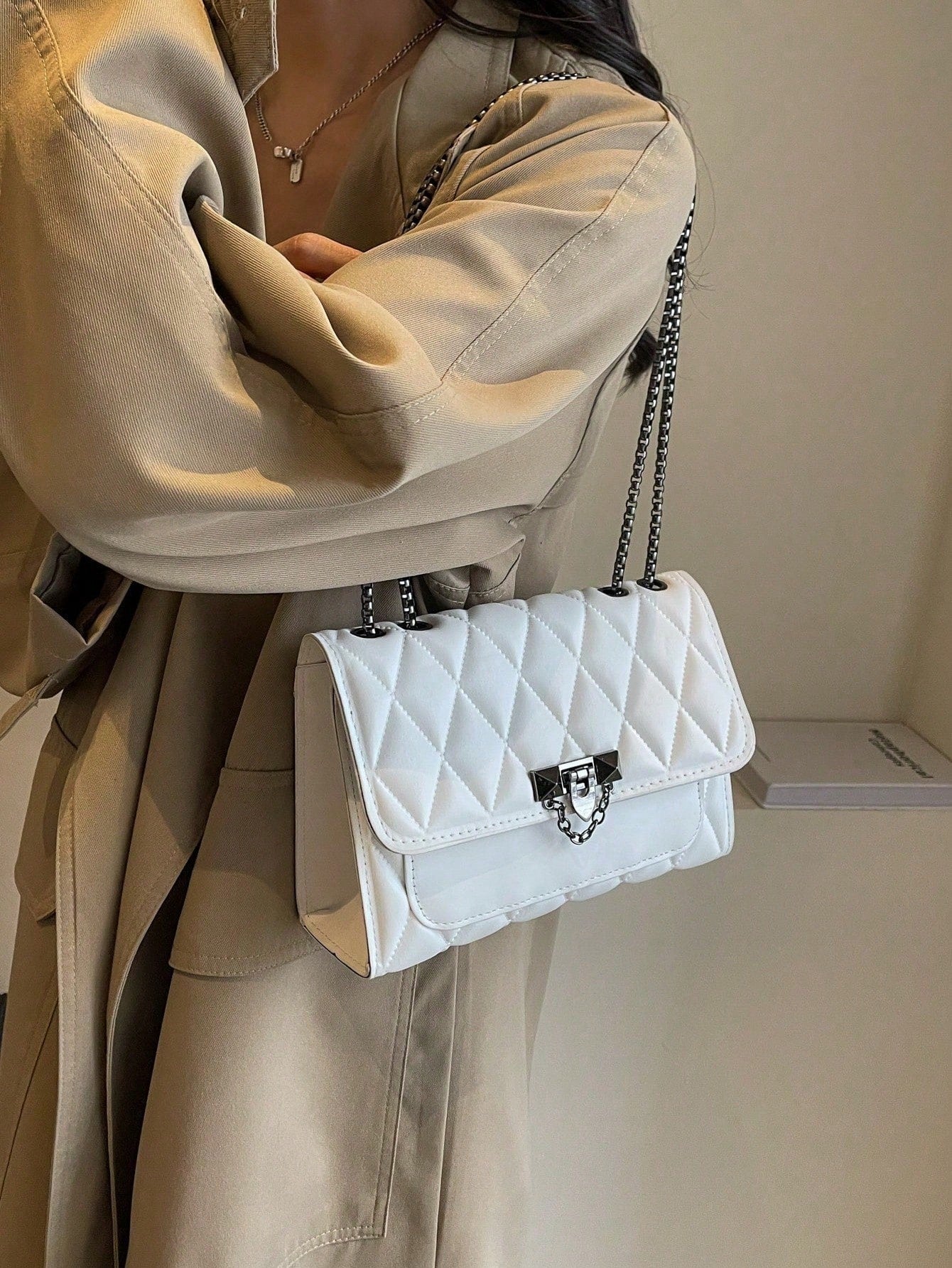 Diamond Quilted Chain Shoulder Bag with Lock Closure