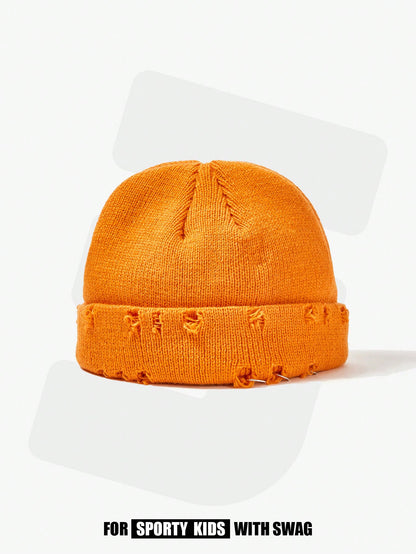Ripped Style Solid Color Knitted Beanie Hat