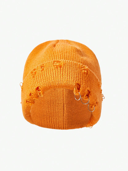Ripped Style Solid Color Knitted Beanie Hat