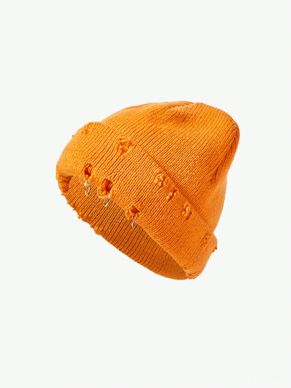 Ripped Style Solid Color Knitted Beanie Hat