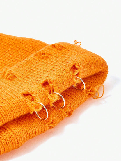 Ripped Style Solid Color Knitted Beanie Hat