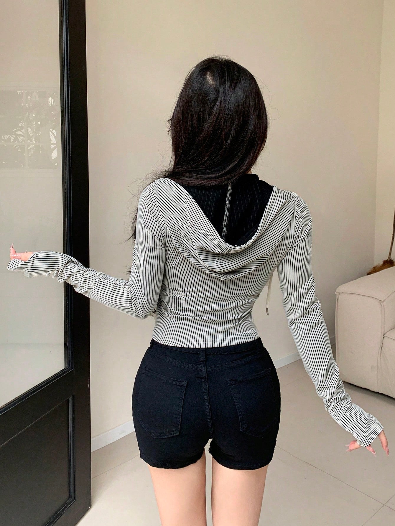 Striped Zipper Front Drawstring Hooded T-Shirt