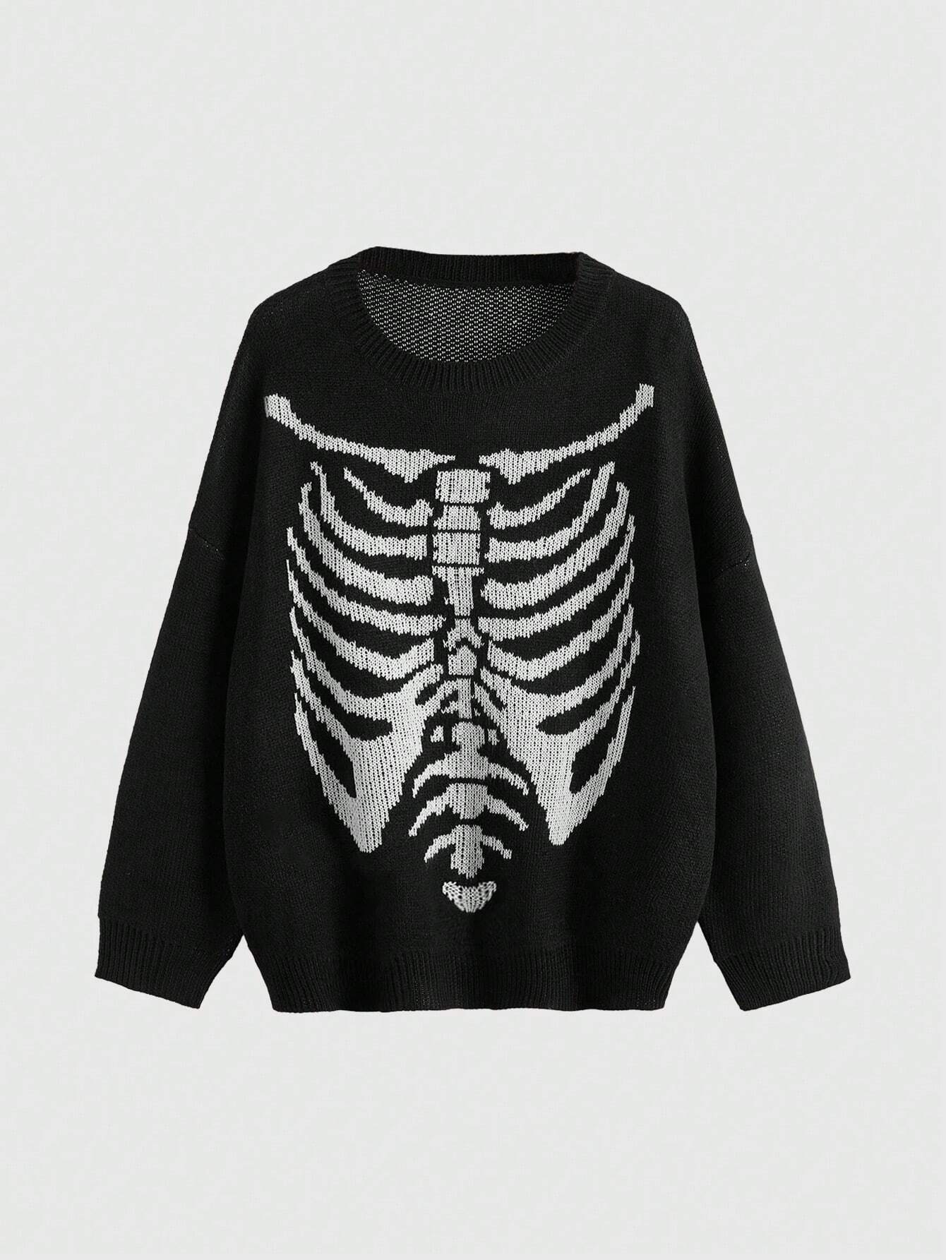 Goth Skeleton Pattern Drop Shoulder Sweater