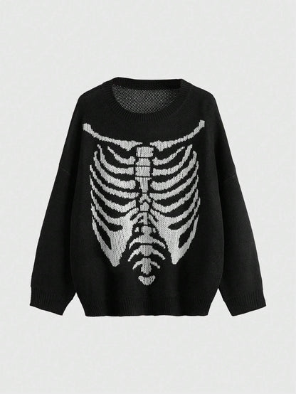 Goth Skeleton Pattern Drop Shoulder Sweater