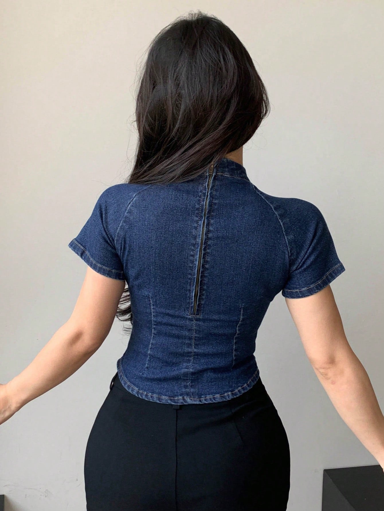 Women’s Stand Collar Solid Short Sleeve Denim Top