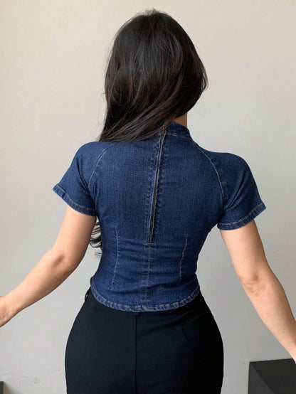 Women’s Stand Collar Solid Short Sleeve Denim Top