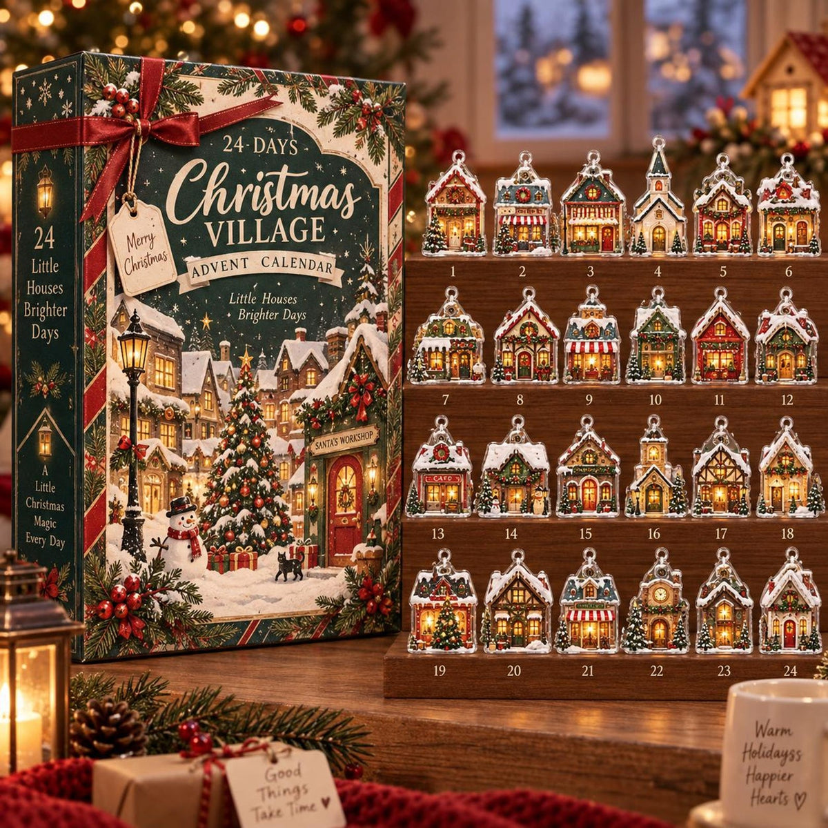 24-Day Christmas Village Advent Calendar, Acrylic House Ornaments (Set)