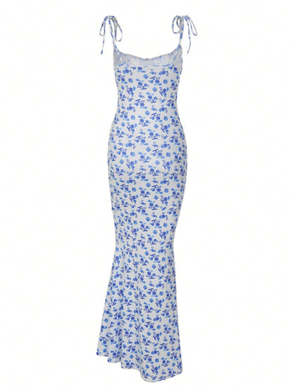 Women's Blue Floral Bodycon Maxi Dress