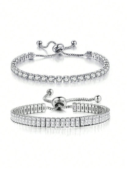 2pcs Adjustable Round Zirconia Tennis Bracelets for Women