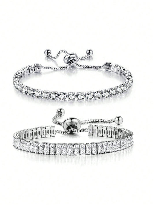 2pcs Adjustable Round Zirconia Tennis Bracelets for Women