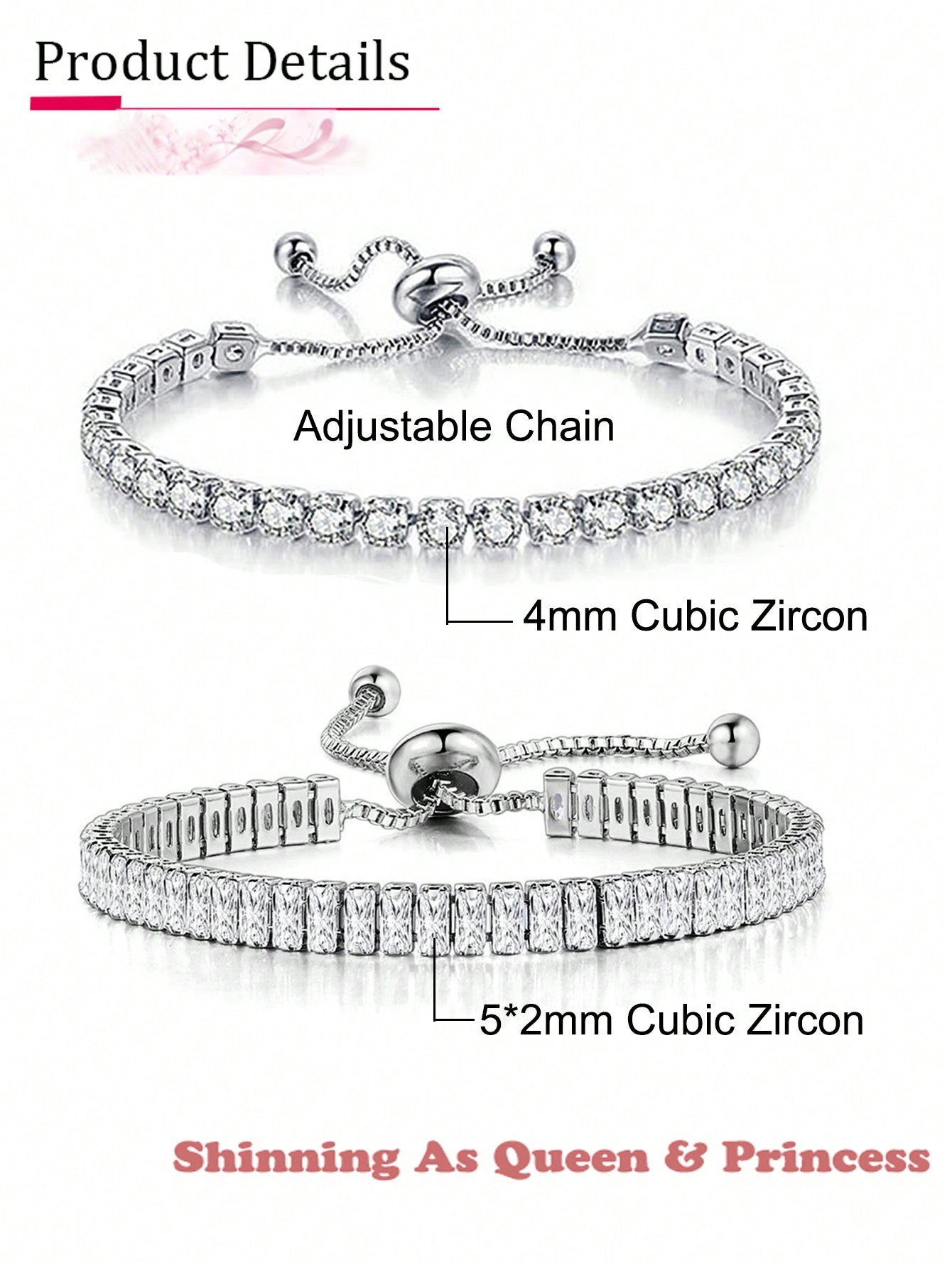2pcs Adjustable Round Zirconia Tennis Bracelets for Women