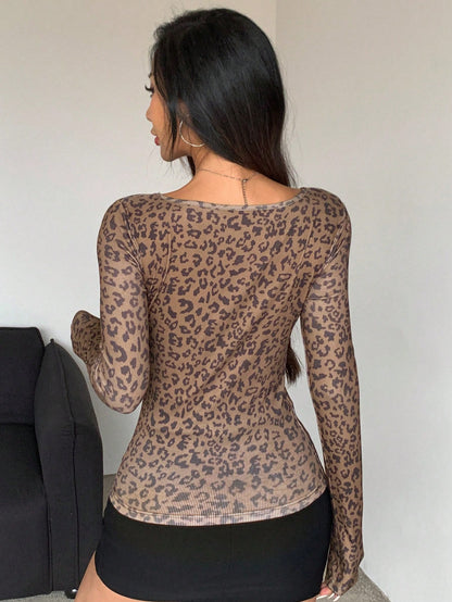 Leopard Print Square Neck Ribbed Long Sleeve Tee