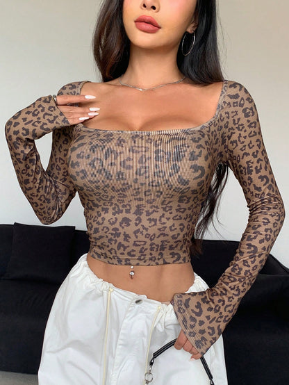 Leopard Print Square Neck Ribbed Long Sleeve Tee
