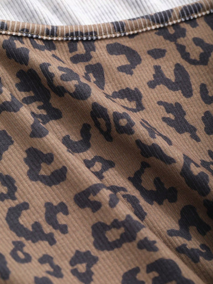 Leopard Print Square Neck Ribbed Long Sleeve Tee