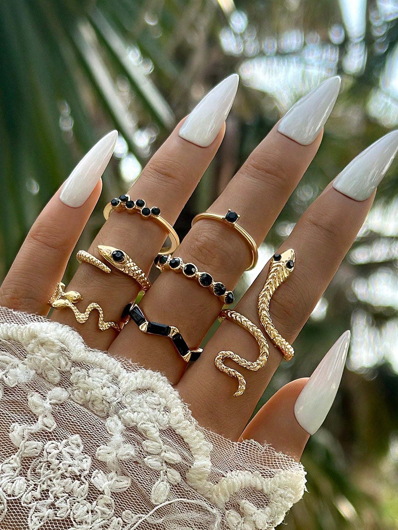 7pcs Snake & Rhinestone Ring Set for Women