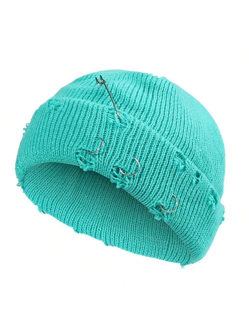 Unisex Hip Hop Ripped Beanie with Pin & Rings